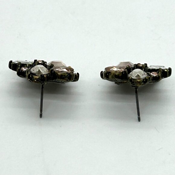 Rhinestone Floral Stud Earrings, BaubleBar Pink & Clear Gun Metal Tone Pierced - Picture 6 of 13